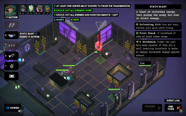 Top-down look at a room dimly lit with purple light. There are several enemies on the floor, the five protagonists standing. The room is full of electrical panels and one a couple of bodies are lying next to them. It's a mess.